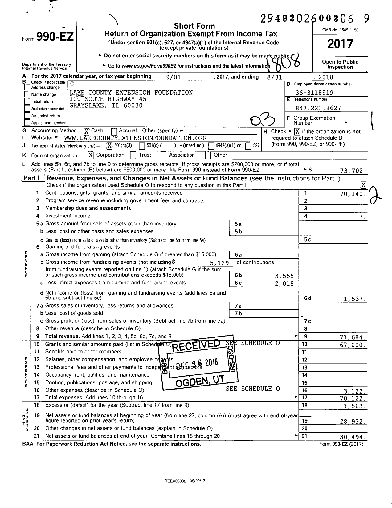 Image of first page of 2017 Form 990EZ for Lake County Extension Foundation