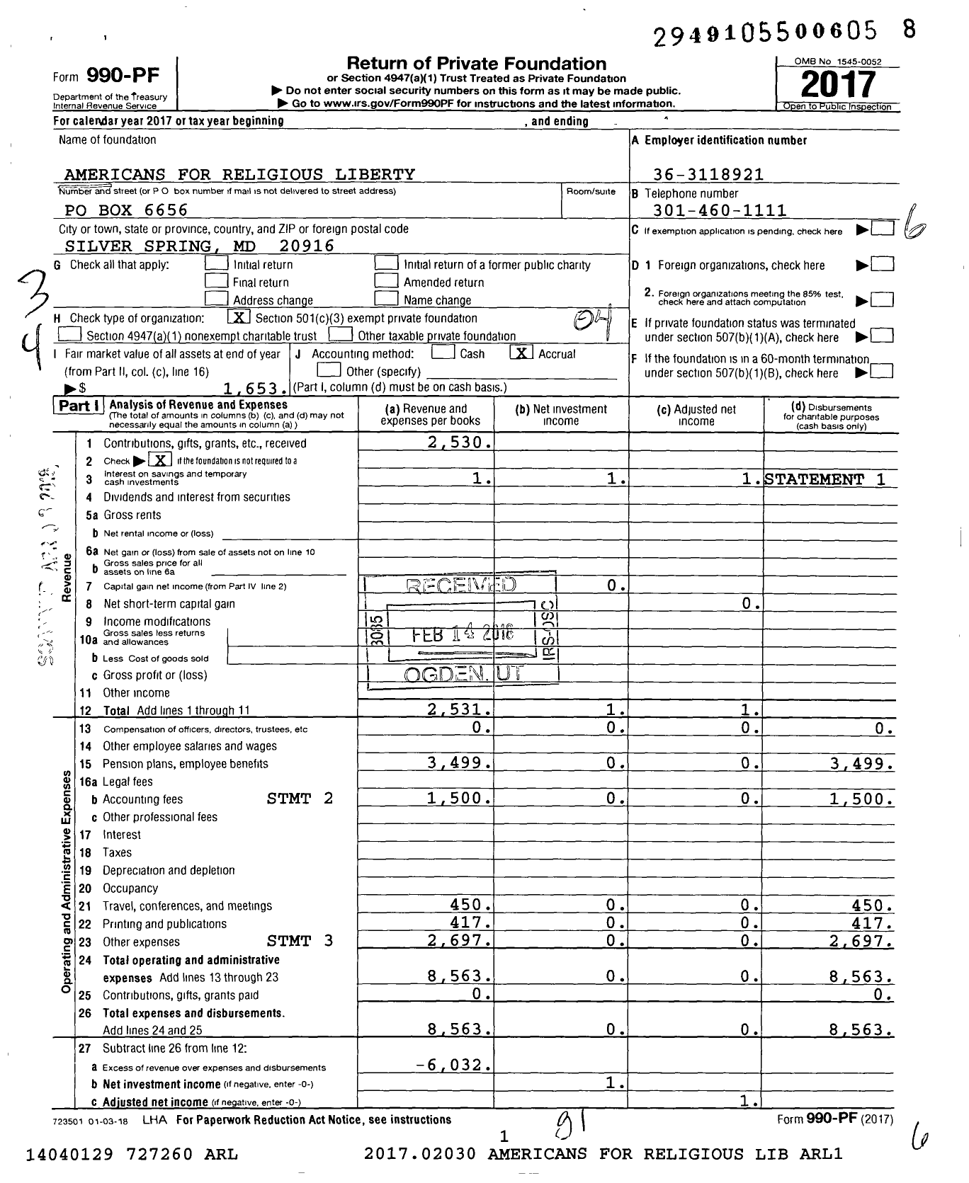 Image of first page of 2017 Form 990PF for Americans for Religious Liberty