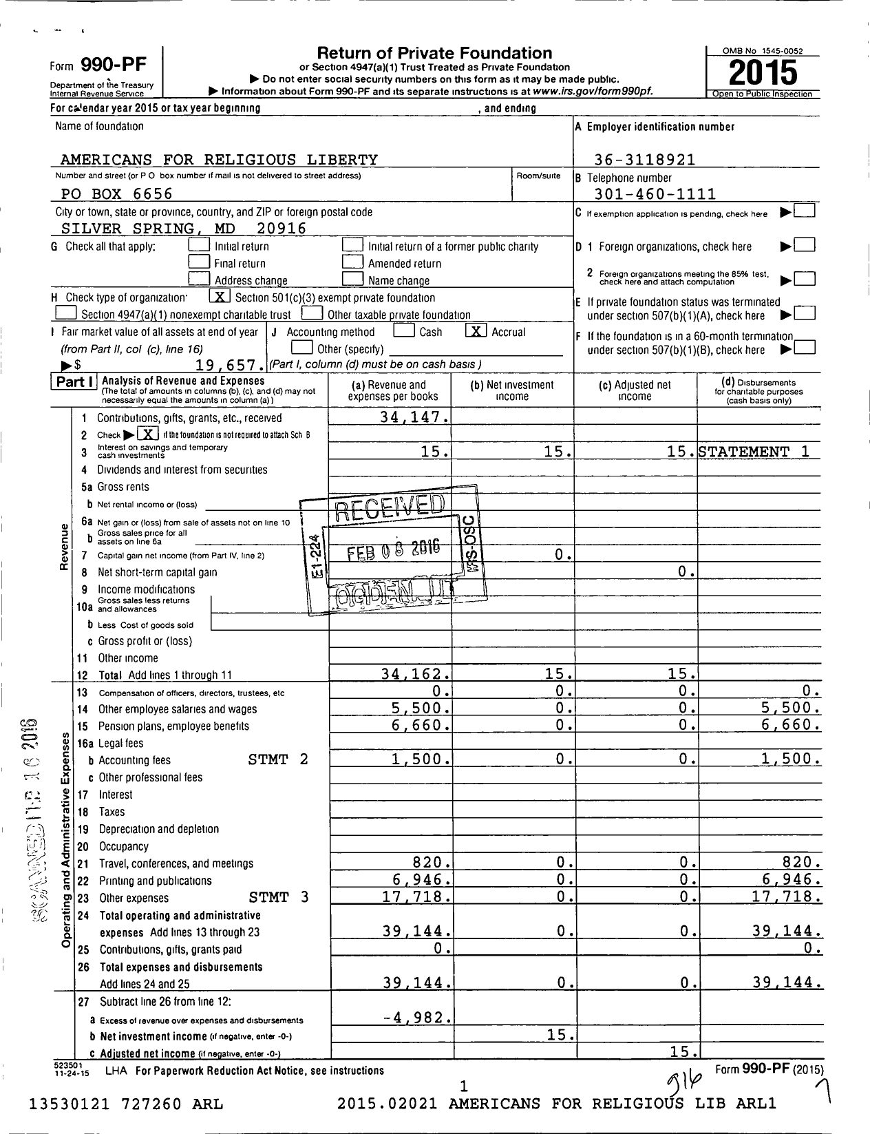 Image of first page of 2015 Form 990PF for Americans for Religious Liberty