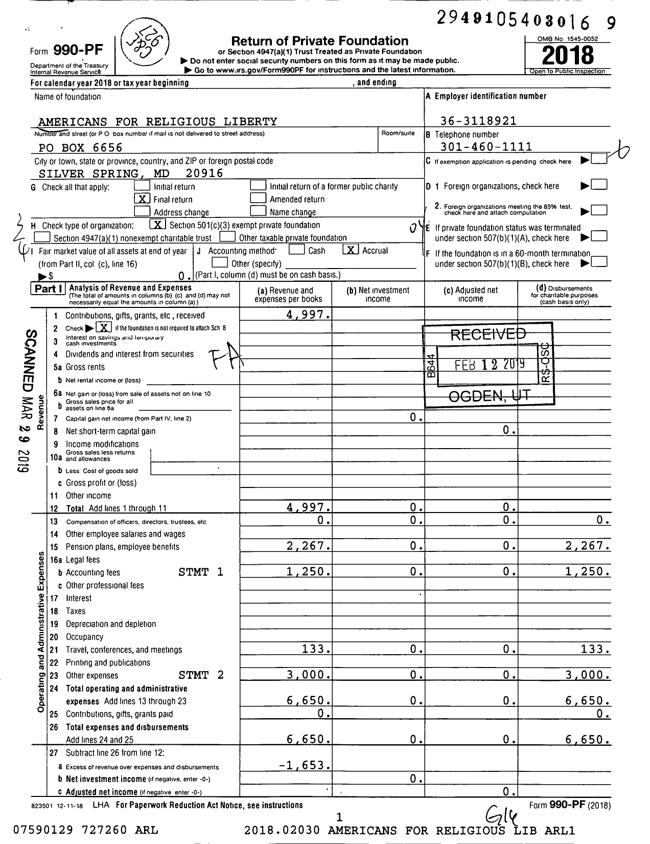 Image of first page of 2018 Form 990PF for Americans for Religious Liberty