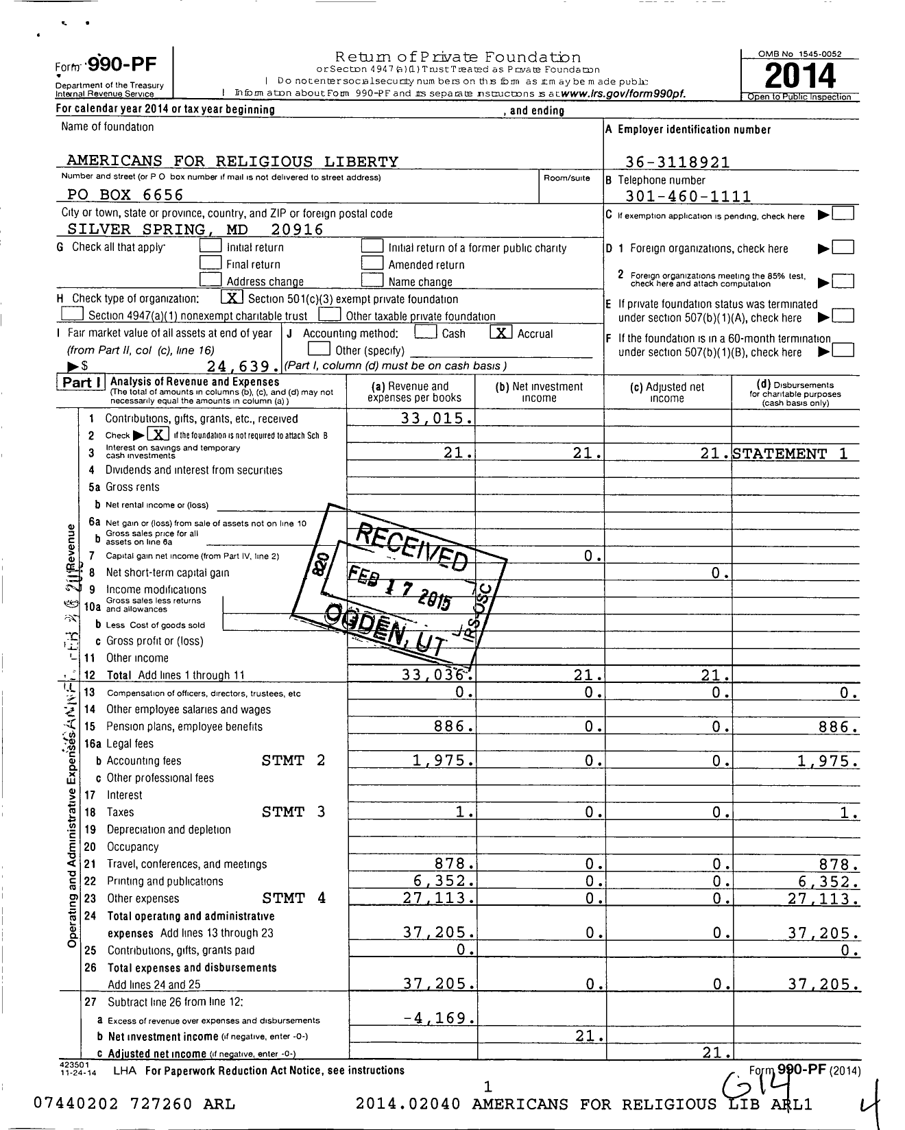 Image of first page of 2014 Form 990PF for Americans for Religious Liberty