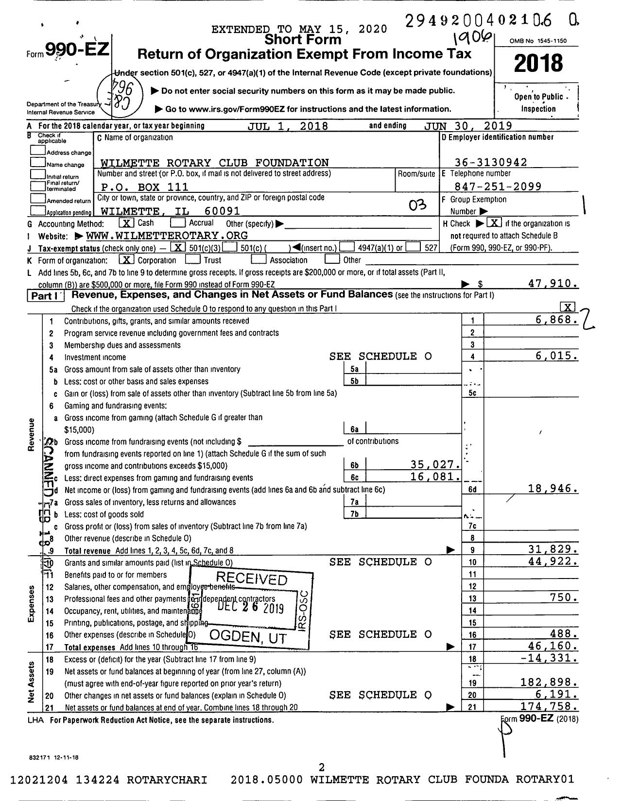 Image of first page of 2018 Form 990EZ for Wilmette Rotary Club Foundation