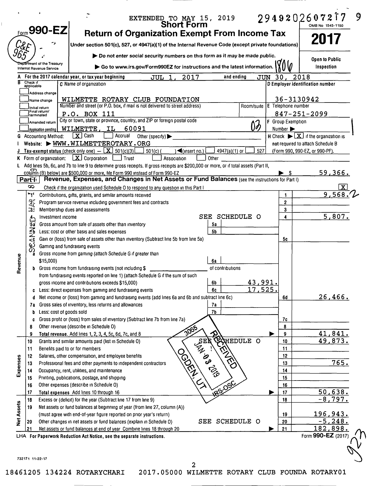 Image of first page of 2017 Form 990EZ for Wilmette Rotary Club Foundation