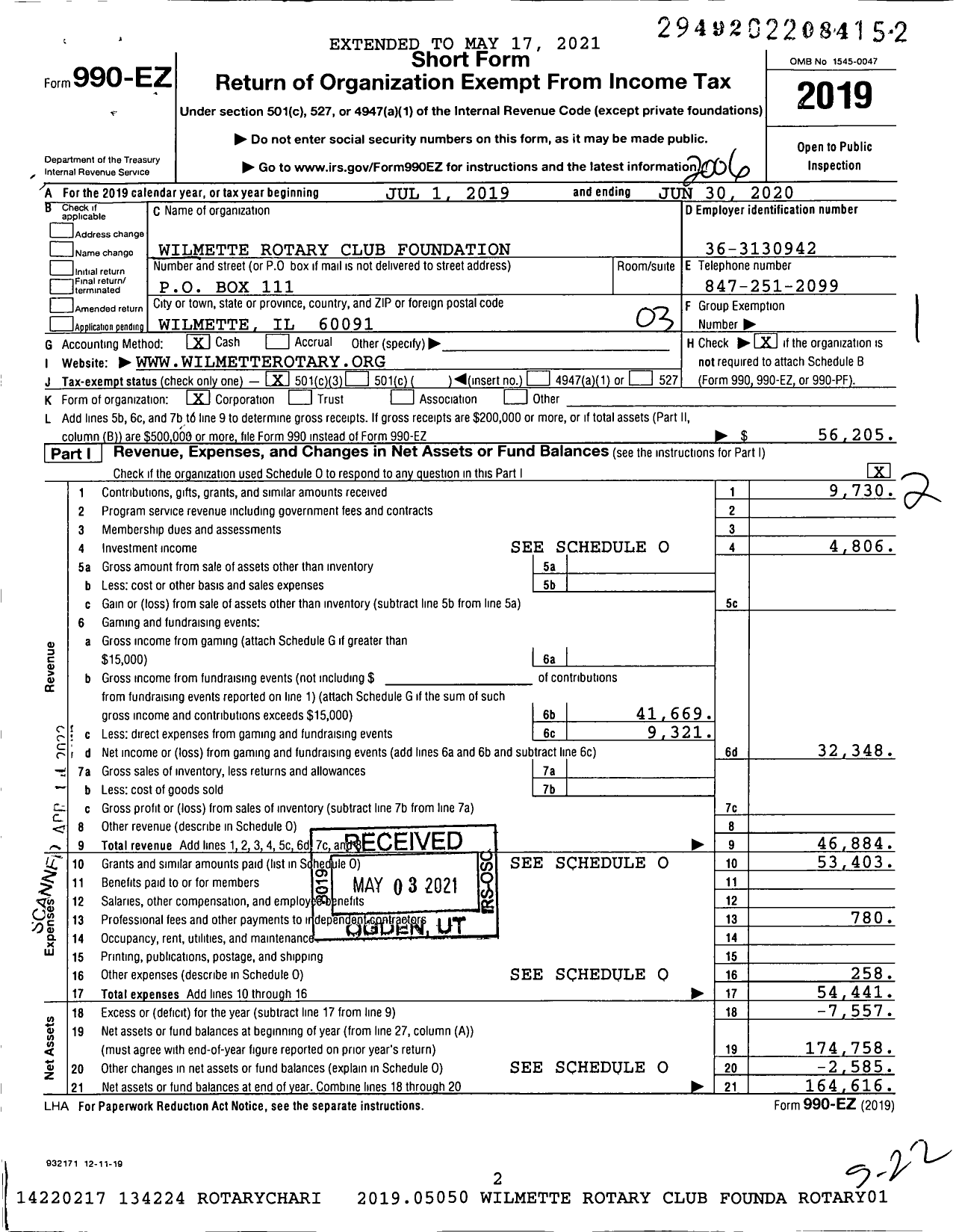 Image of first page of 2019 Form 990EZ for Wilmette Rotary Club Foundation