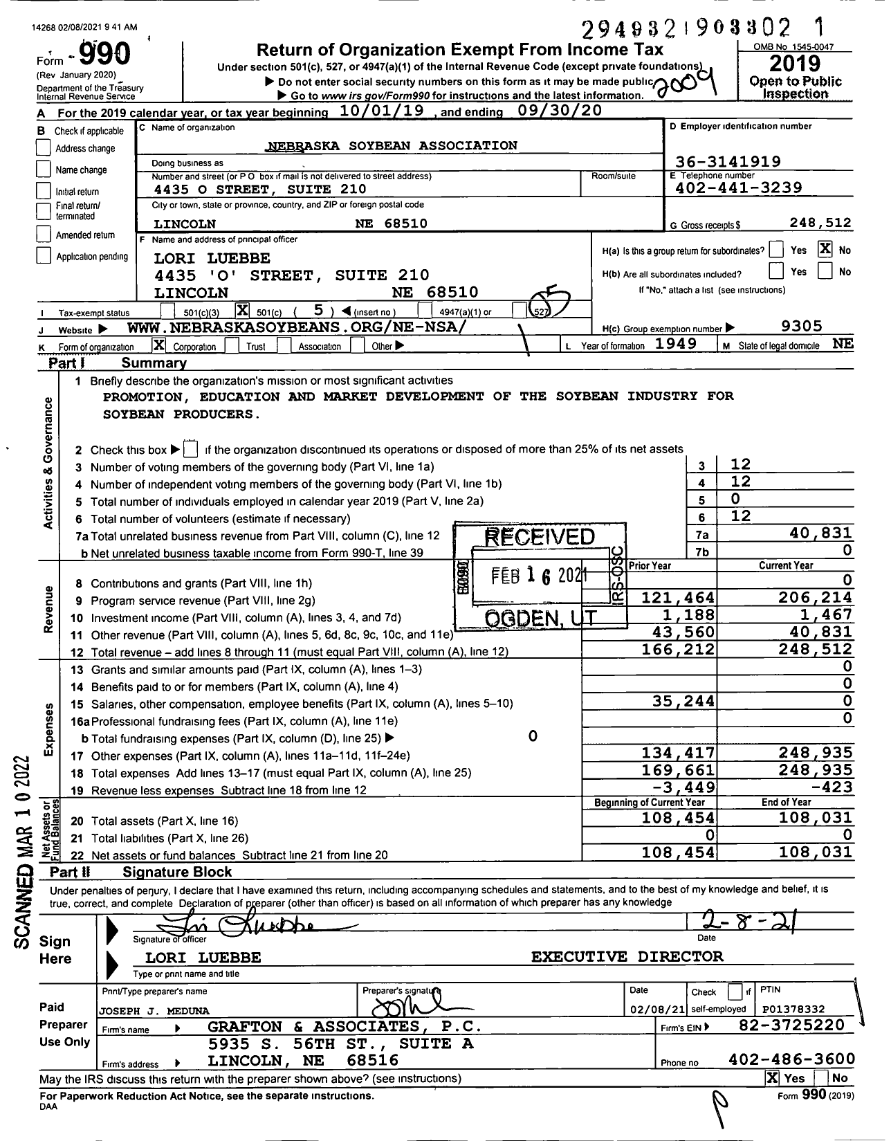 Image of first page of 2019 Form 990O for Nebraska Soybean Association