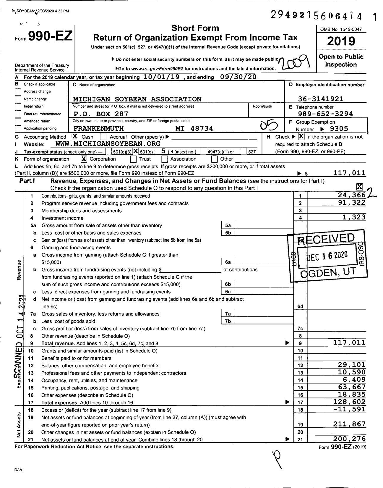 Image of first page of 2019 Form 990EO for Michigan Soybean Association