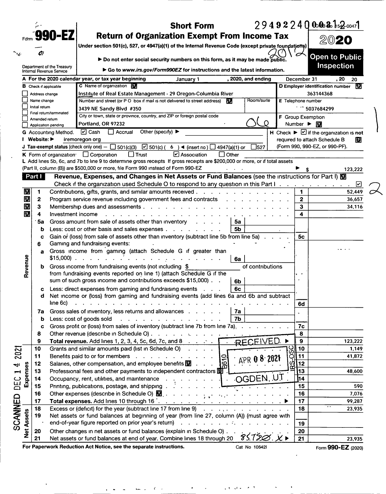 Image of first page of 2020 Form 990EO for Institute of Real Estate Management - 29 Oregon-Columbia River