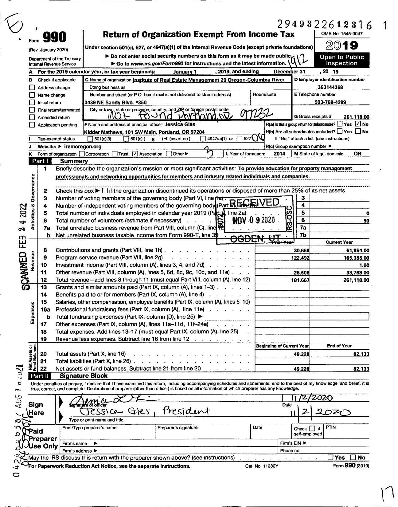 Image of first page of 2019 Form 990O for Institute of Real Estate Management - 29 Oregon-Columbia River