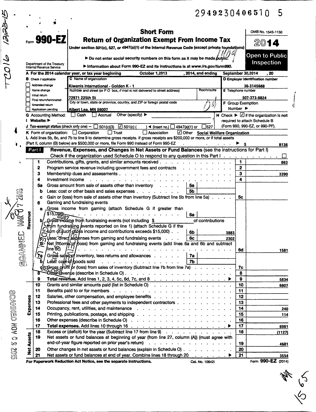 Image of first page of 2013 Form 990EZ for Kiwanis International - K10373 Albert Lea Golden K