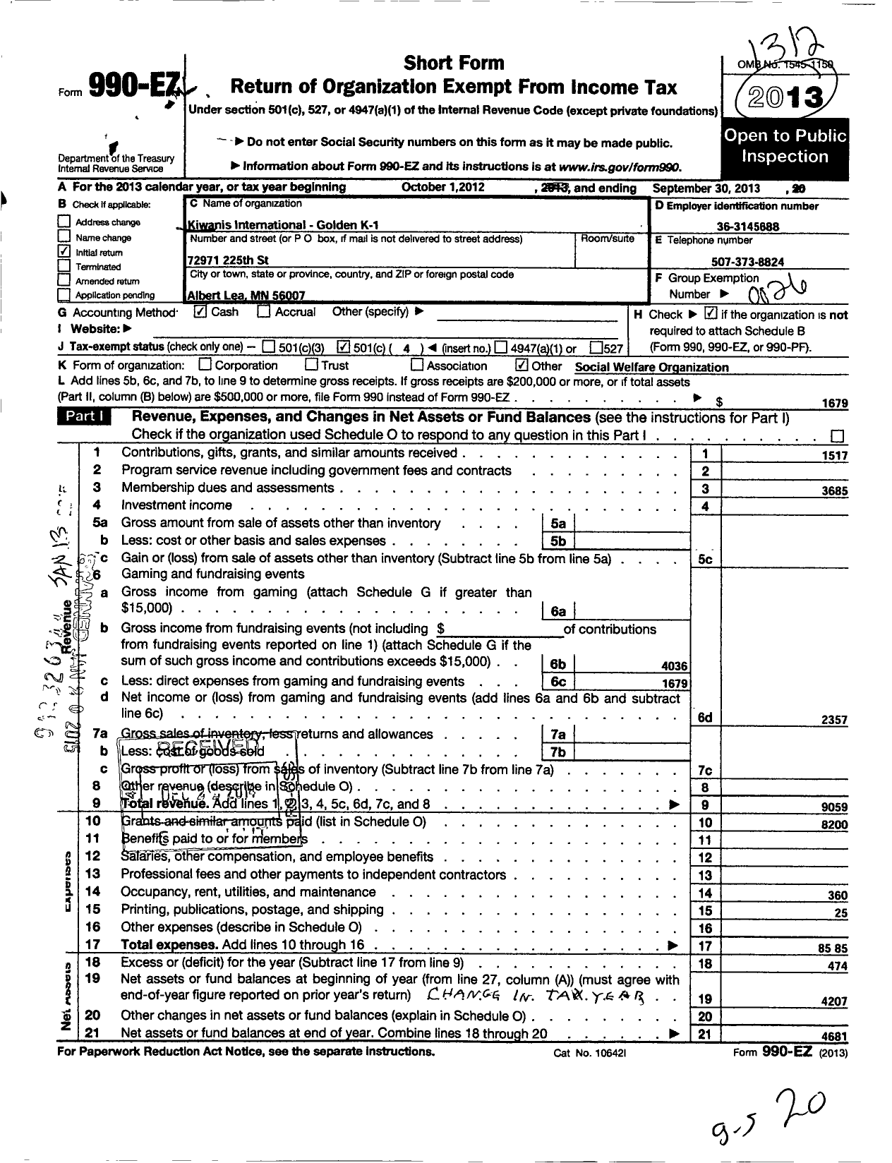 Image of first page of 2012 Form 990EO for Kiwanis International - K10373 Albert Lea Golden K