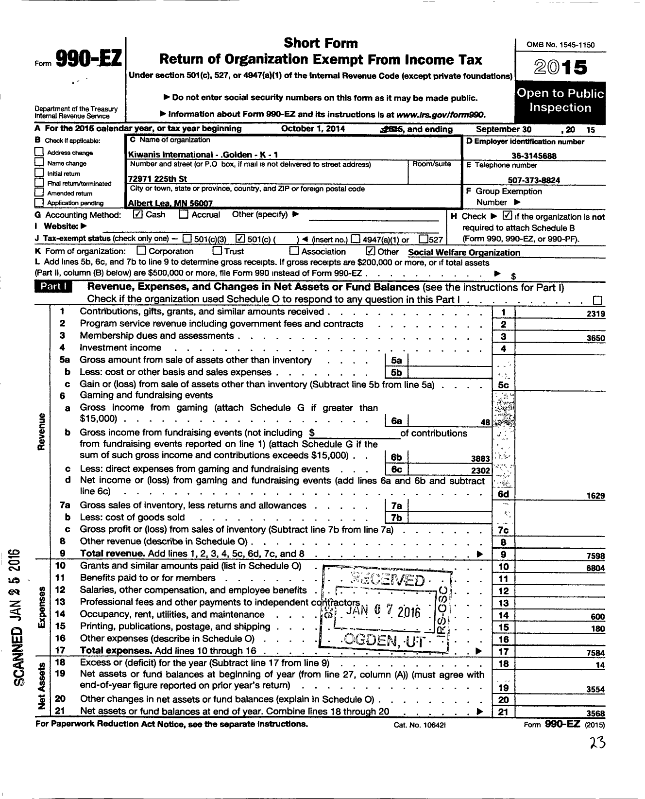 Image of first page of 2014 Form 990EO for Kiwanis International - K10373 Albert Lea Golden K