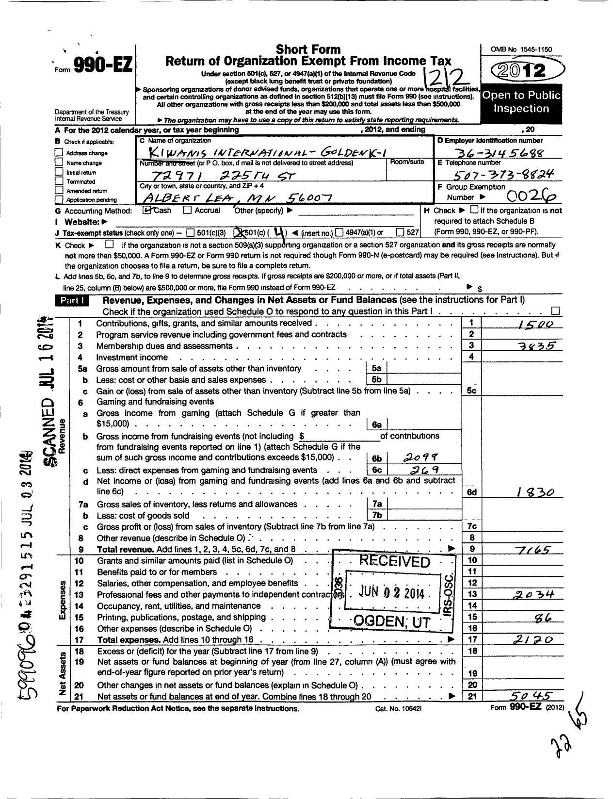 Image of first page of 2012 Form 990EO for Kiwanis International - K10373 Albert Lea Golden K