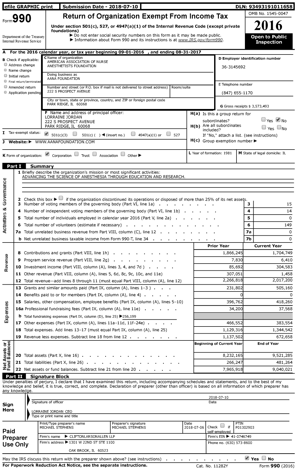 Image of first page of 2016 Form 990 for American Association of Nurse Anesthetists Foundation (AANA)