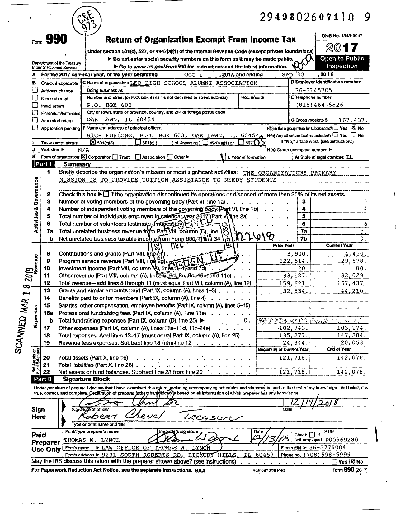 Image of first page of 2017 Form 990 for Leo High School Alumni Association