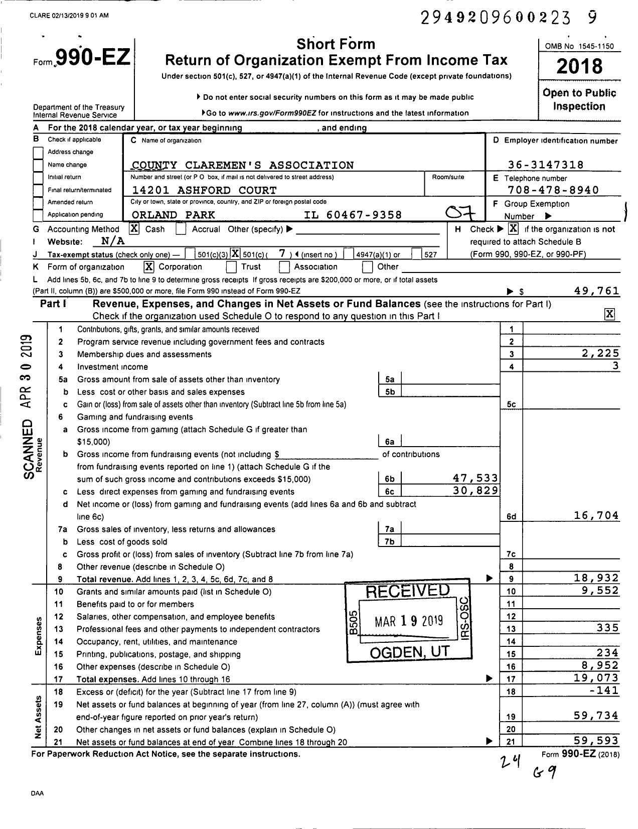 Image of first page of 2018 Form 990EO for County Claremen's Association