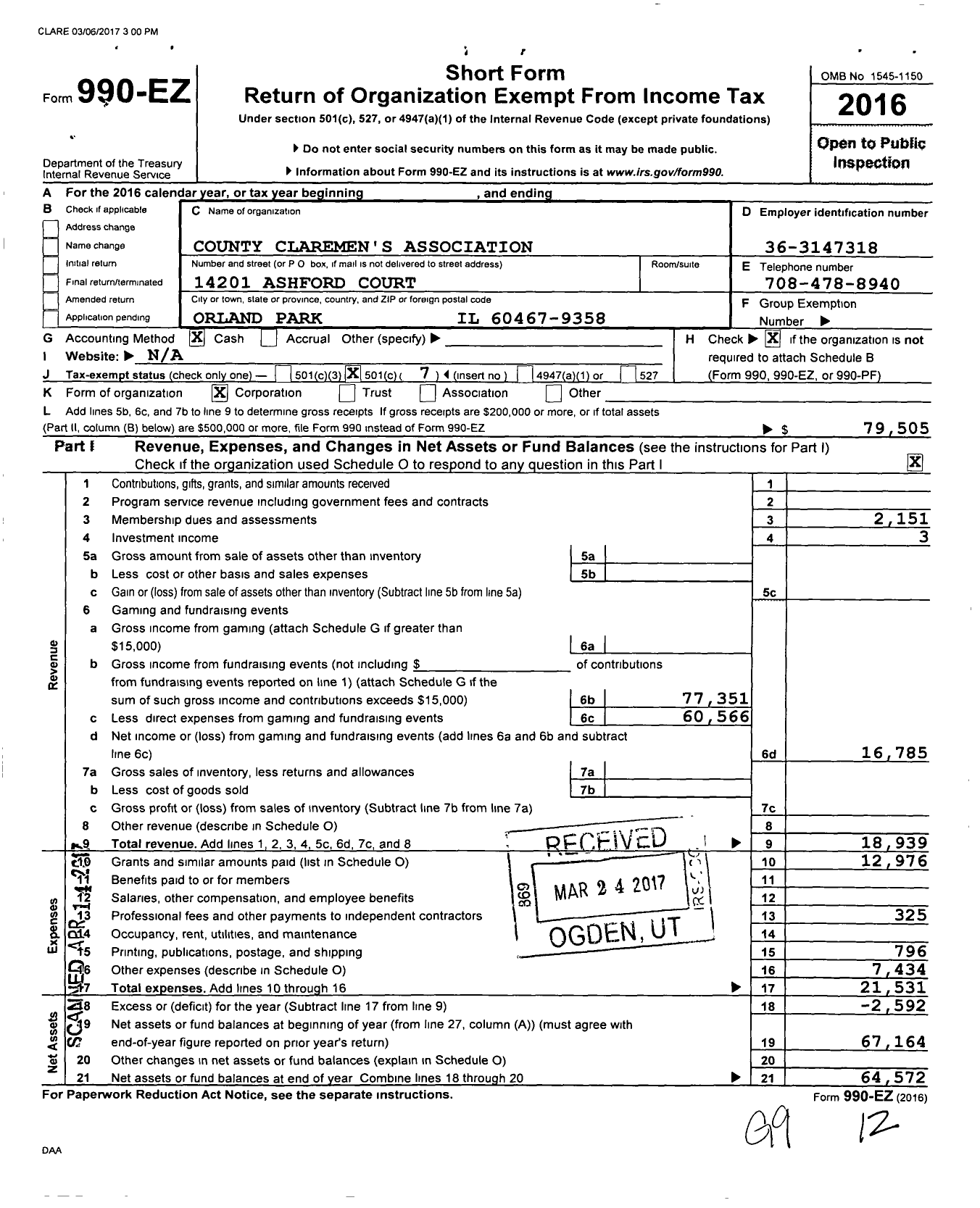 Image of first page of 2016 Form 990EO for County Claremen's Association