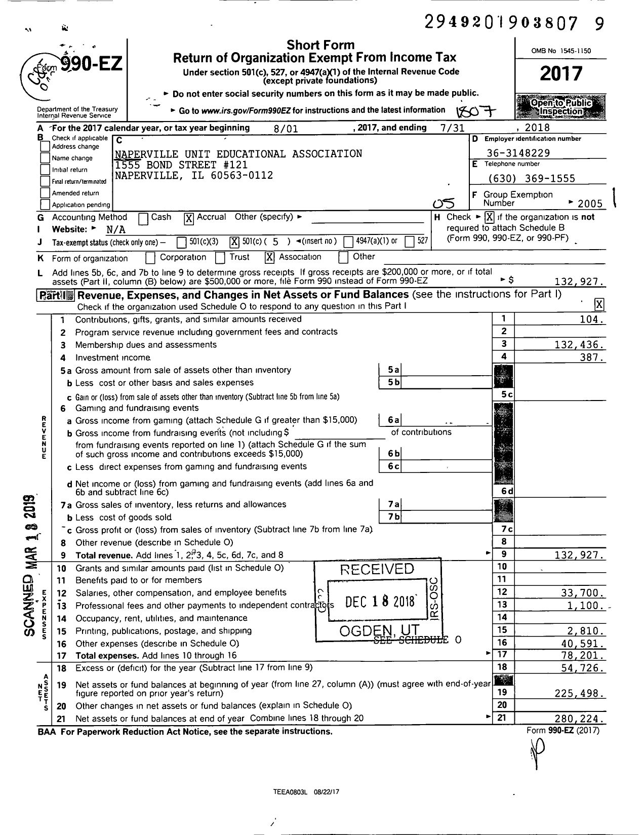 Image of first page of 2017 Form 990EO for Illinois Education Association - Naperville Unit Rducation Assoc