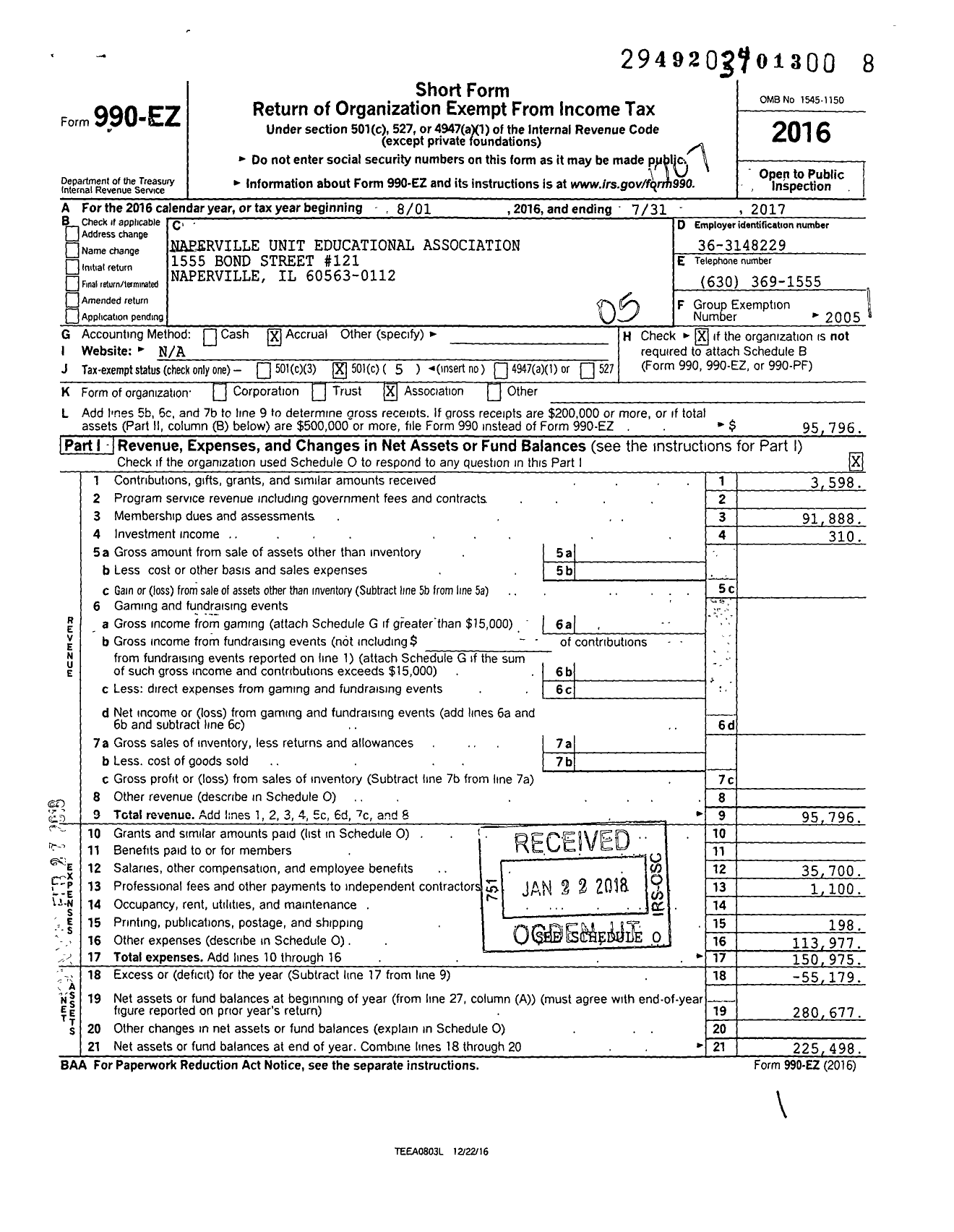 Image of first page of 2016 Form 990EO for Illinois Education Association - Naperville Unit Rducation Assoc