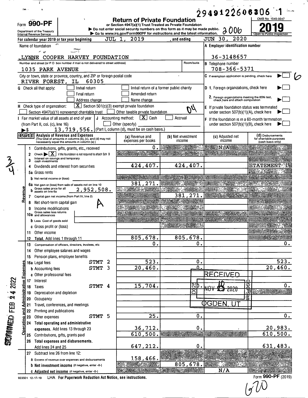 Image of first page of 2019 Form 990PF for Lynne Cooper Harvey Foundation