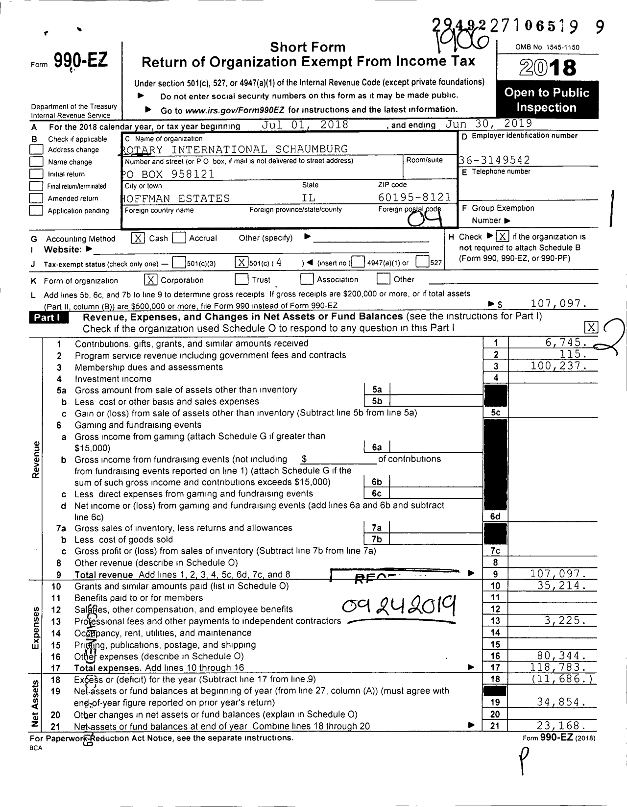 Image of first page of 2018 Form 990EO for Rotary International - Schaumburg Hoffman Estates