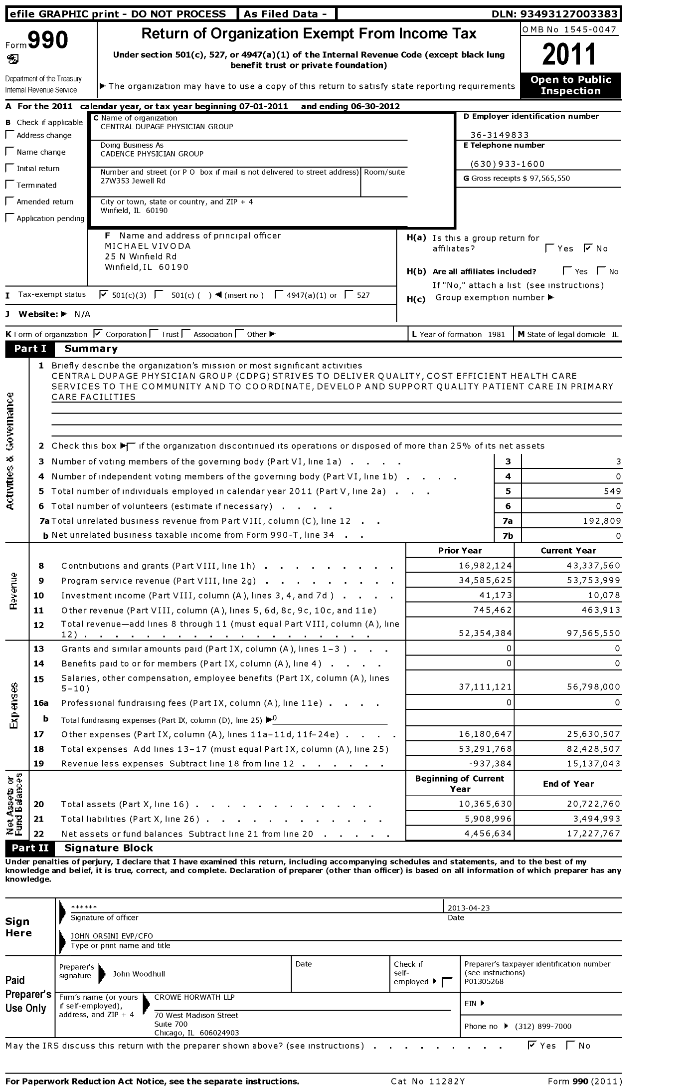 Image of first page of 2011 Form 990 for Northwestern Memorial Healthcare