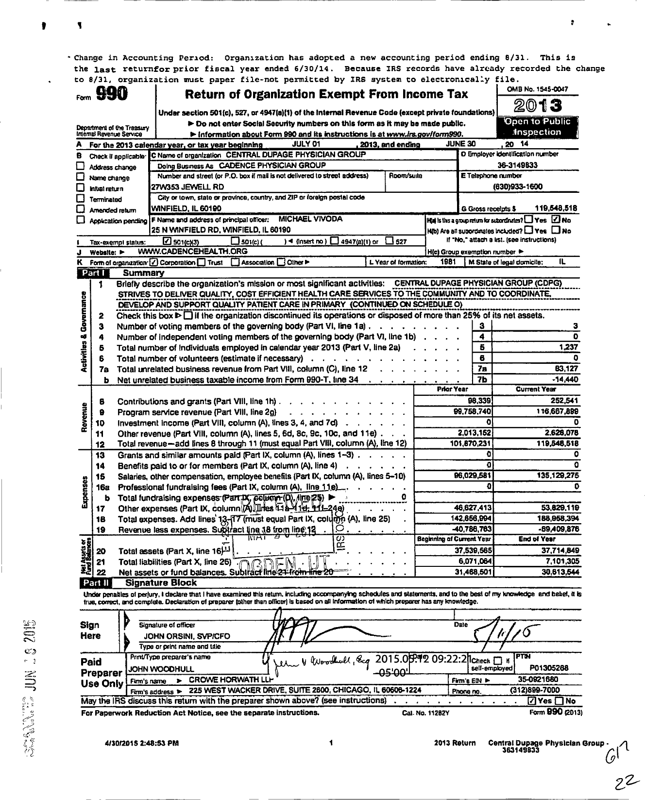 Image of first page of 2013 Form 990 for Northwestern Memorial Healthcare
