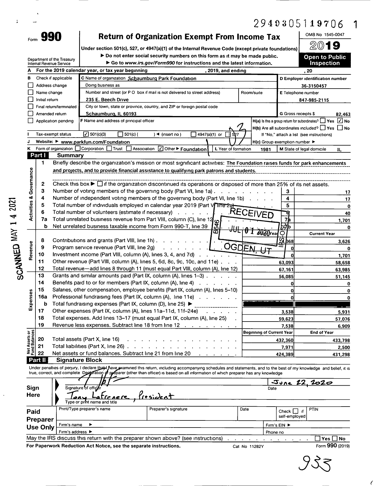 Image of first page of 2019 Form 990 for Schaumburg Park Foundation