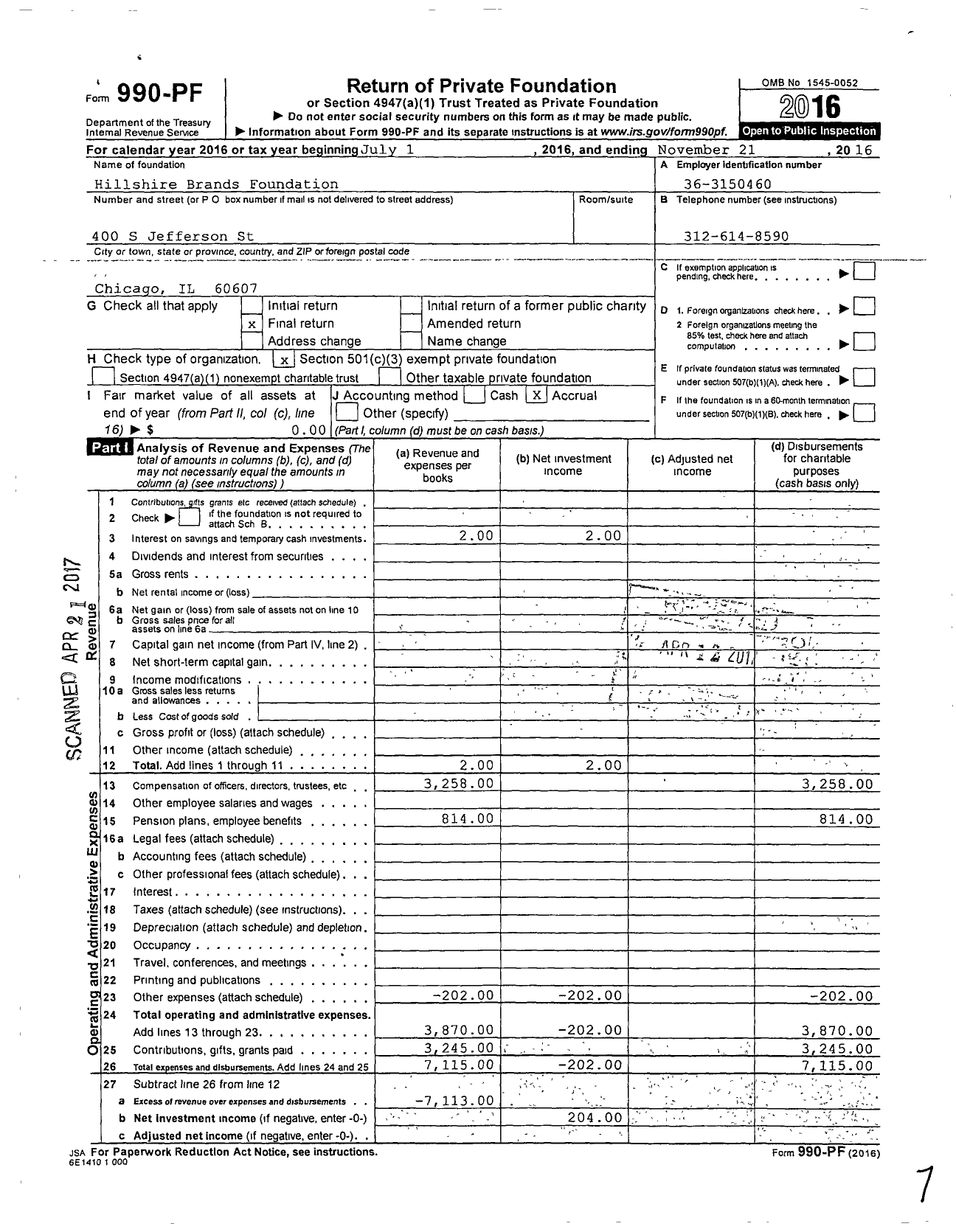 Image of first page of 2015 Form 990PF for Hillshire Brands Foundation