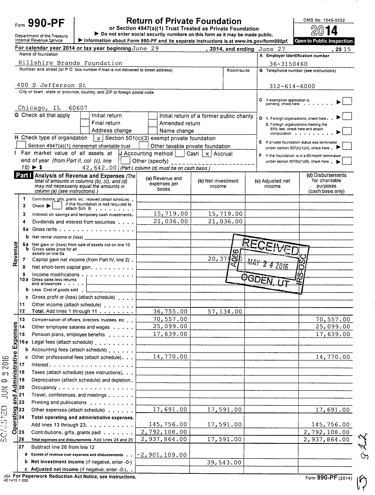 Image of first page of 2014 Form 990PF for Hillshire Brands Foundation