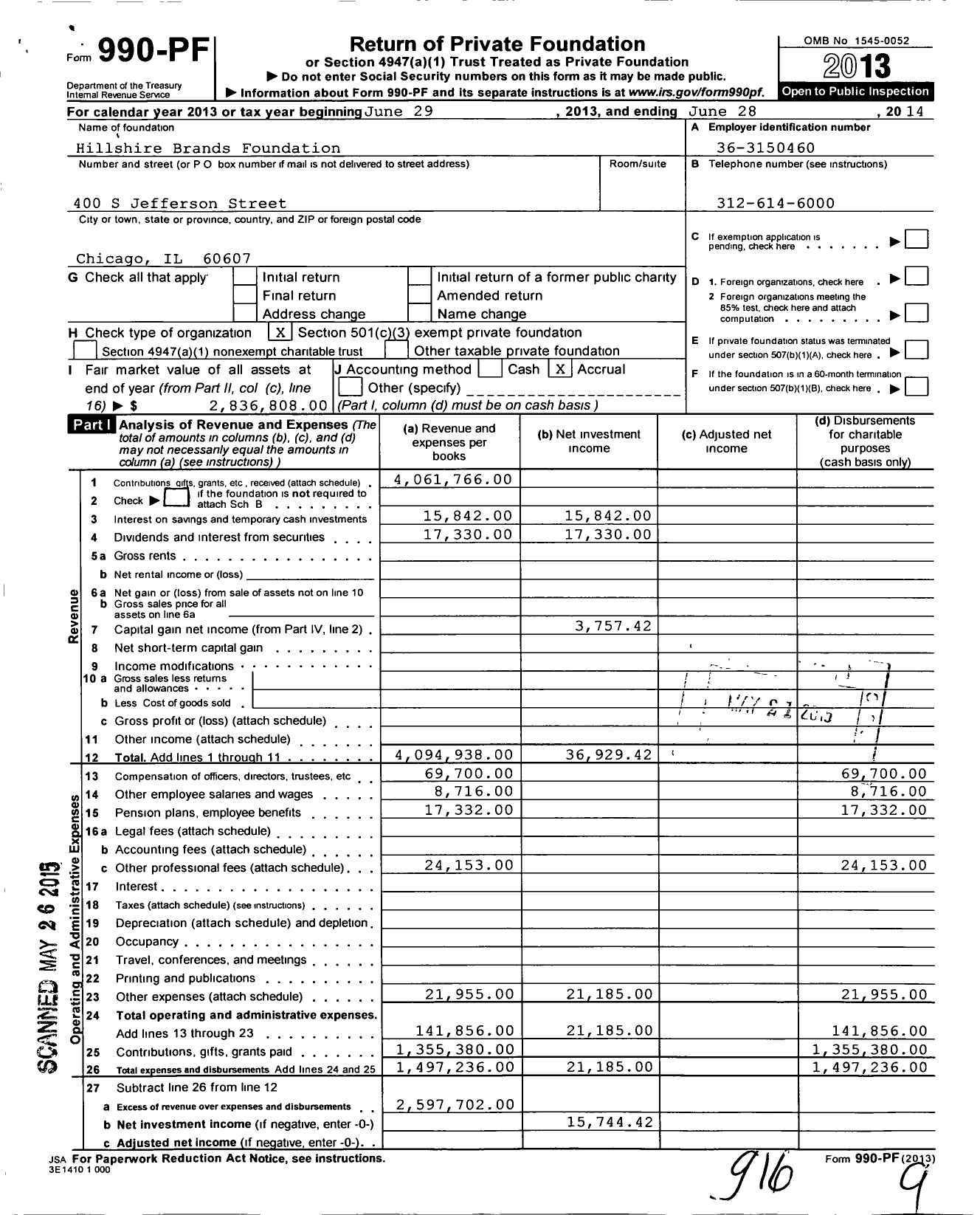 Image of first page of 2013 Form 990PF for Hillshire Brands Foundation