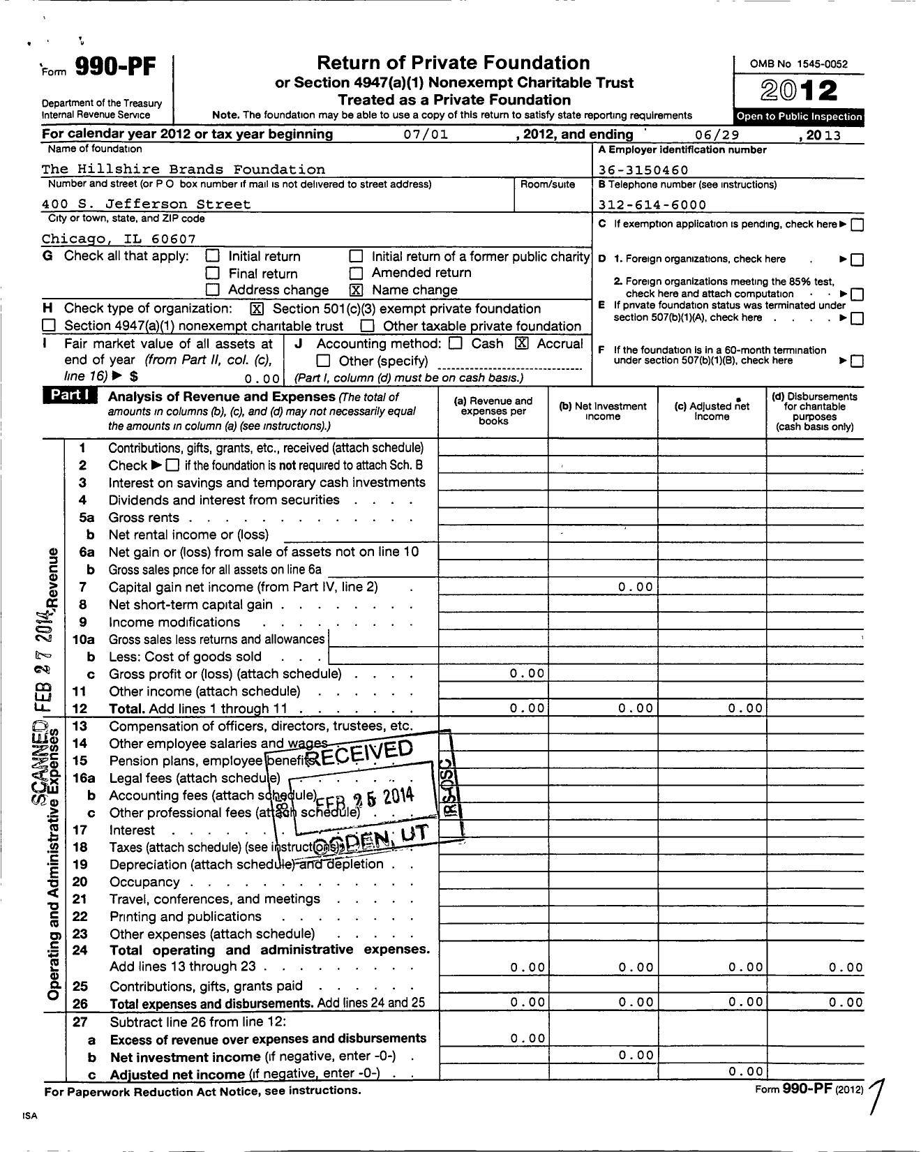 Image of first page of 2012 Form 990PF for Hillshire Brands Foundation