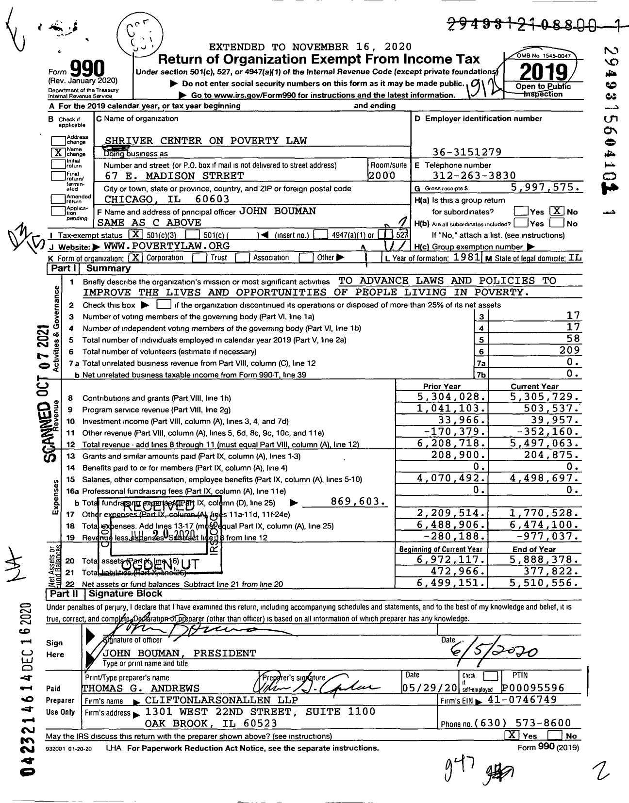 Image of first page of 2019 Form 990 for Shriver Center on Poverty Law