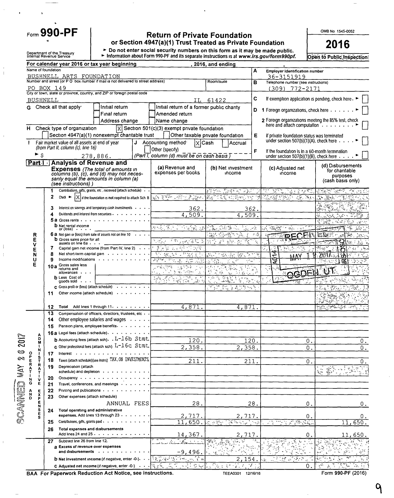 Image of first page of 2016 Form 990PF for Bushnell Arts Foundation