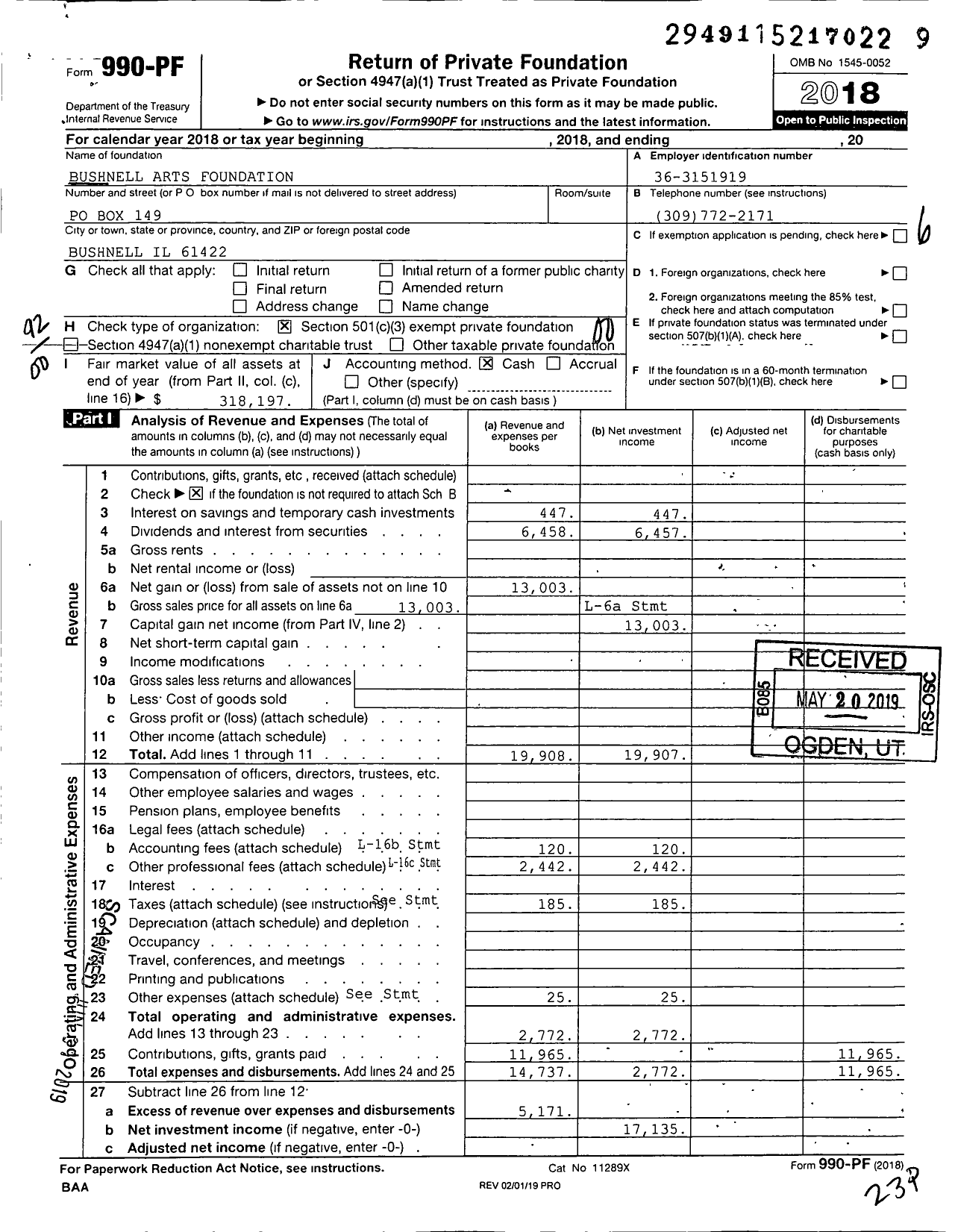 Image of first page of 2018 Form 990PF for Bushnell Arts Foundation