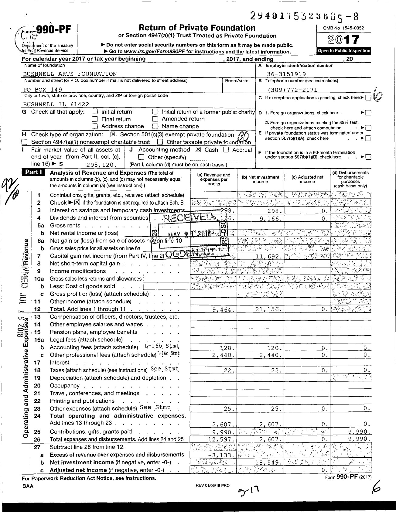 Image of first page of 2017 Form 990PF for Bushnell Arts Foundation