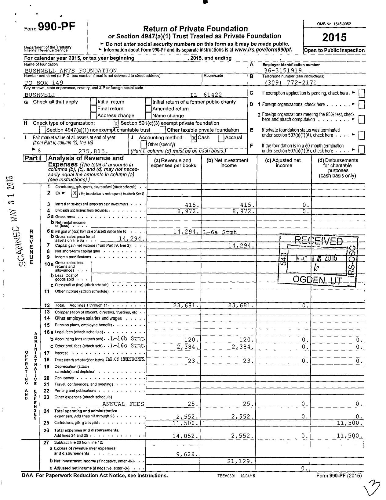 Image of first page of 2015 Form 990PF for Bushnell Arts Foundation