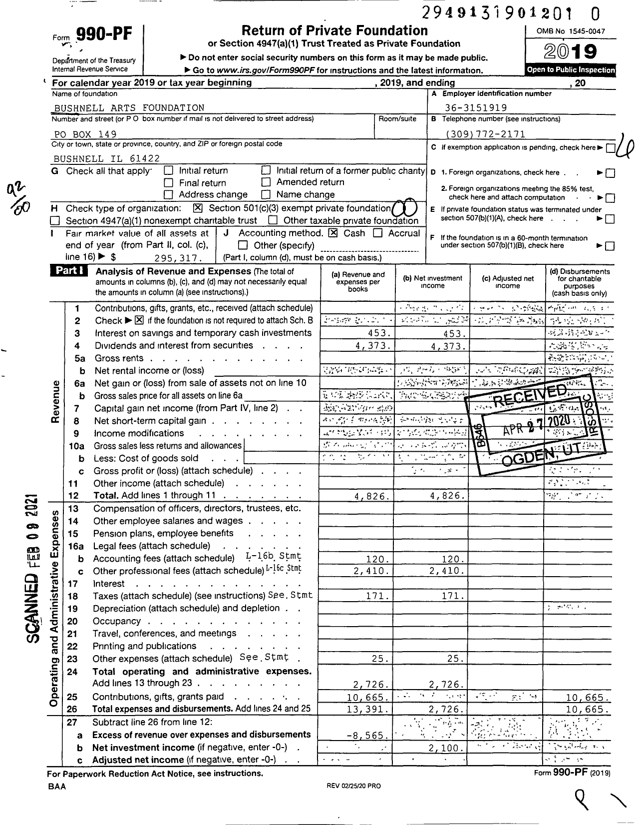 Image of first page of 2019 Form 990PF for Bushnell Arts Foundation