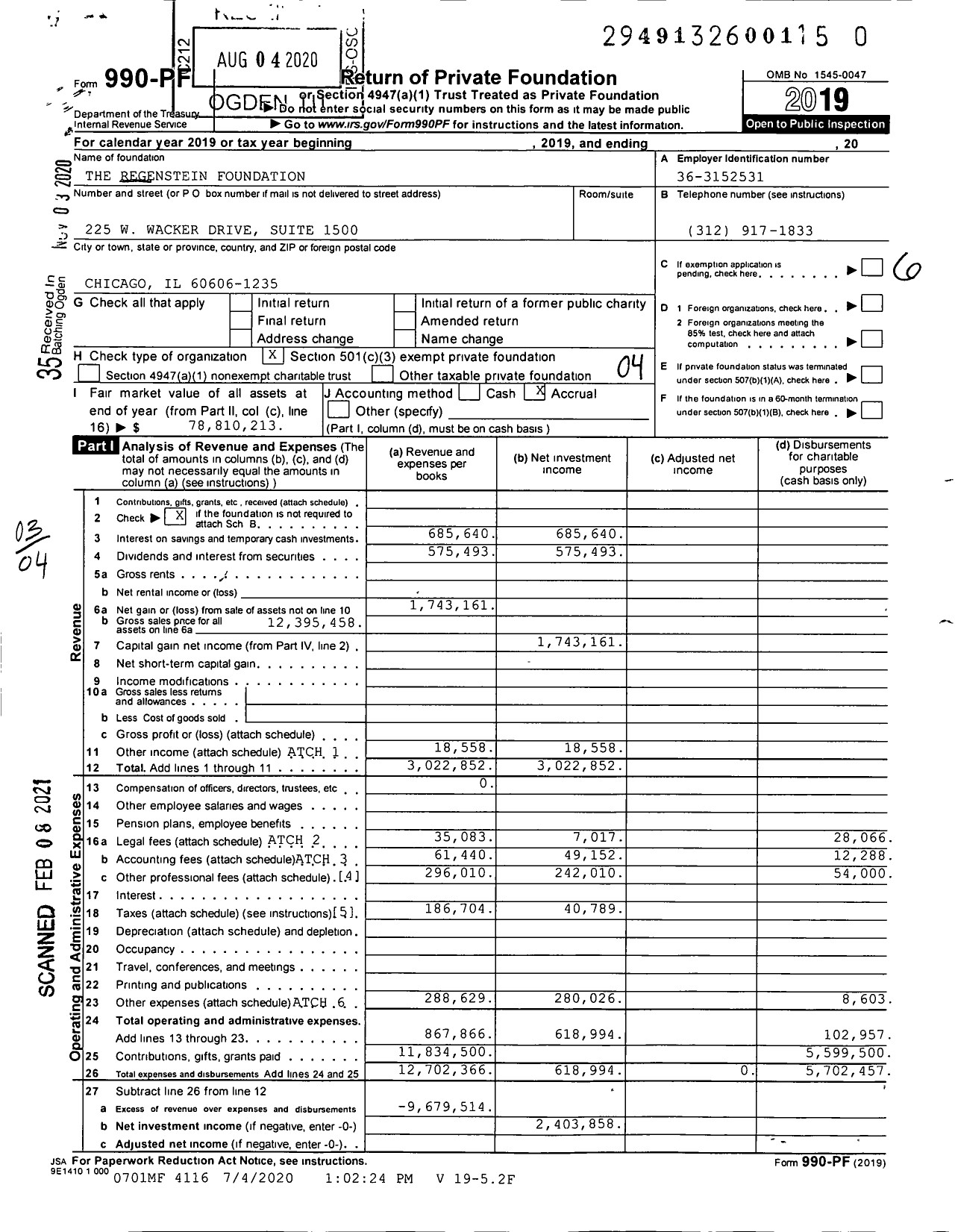 Image of first page of 2019 Form 990PF for Regenstein Foundation