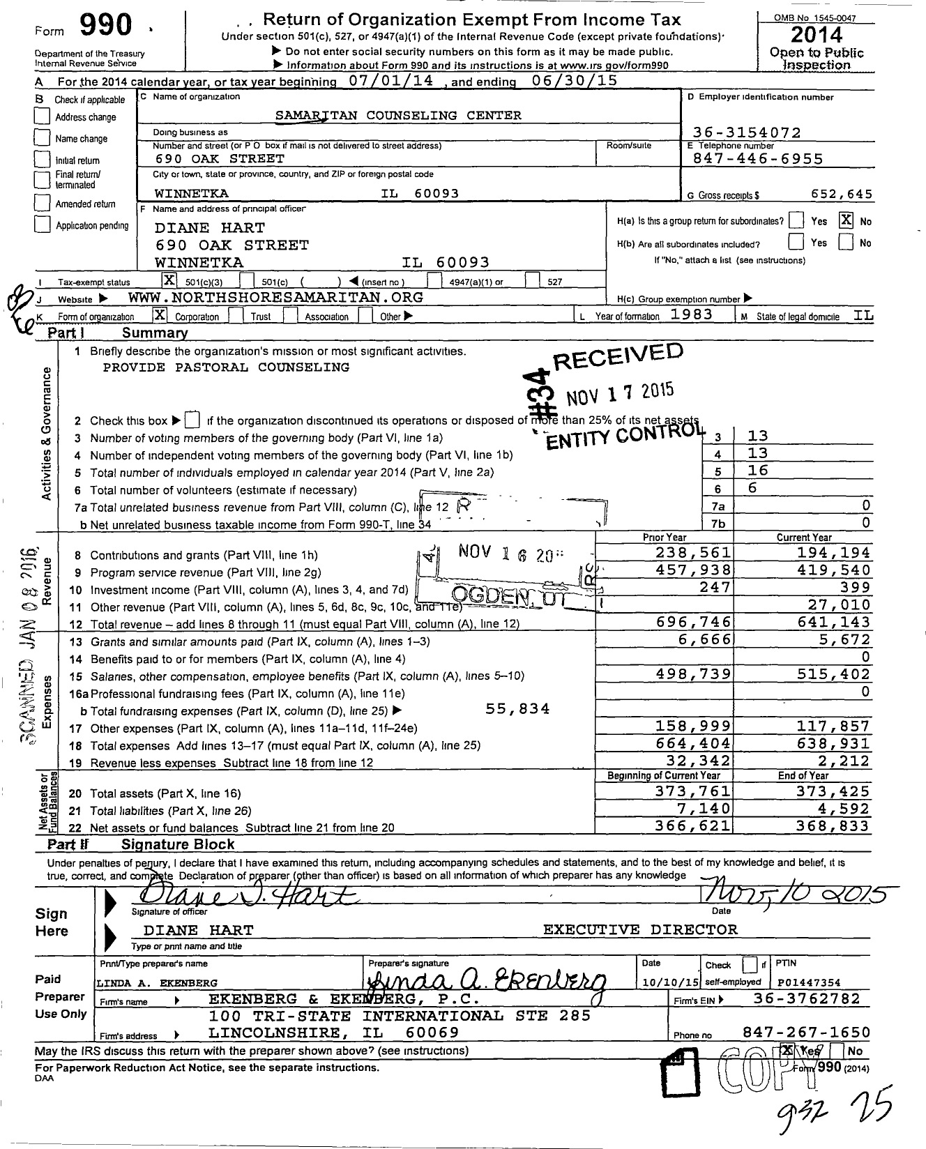 Image of first page of 2014 Form 990 for Samaritan Counseling Center