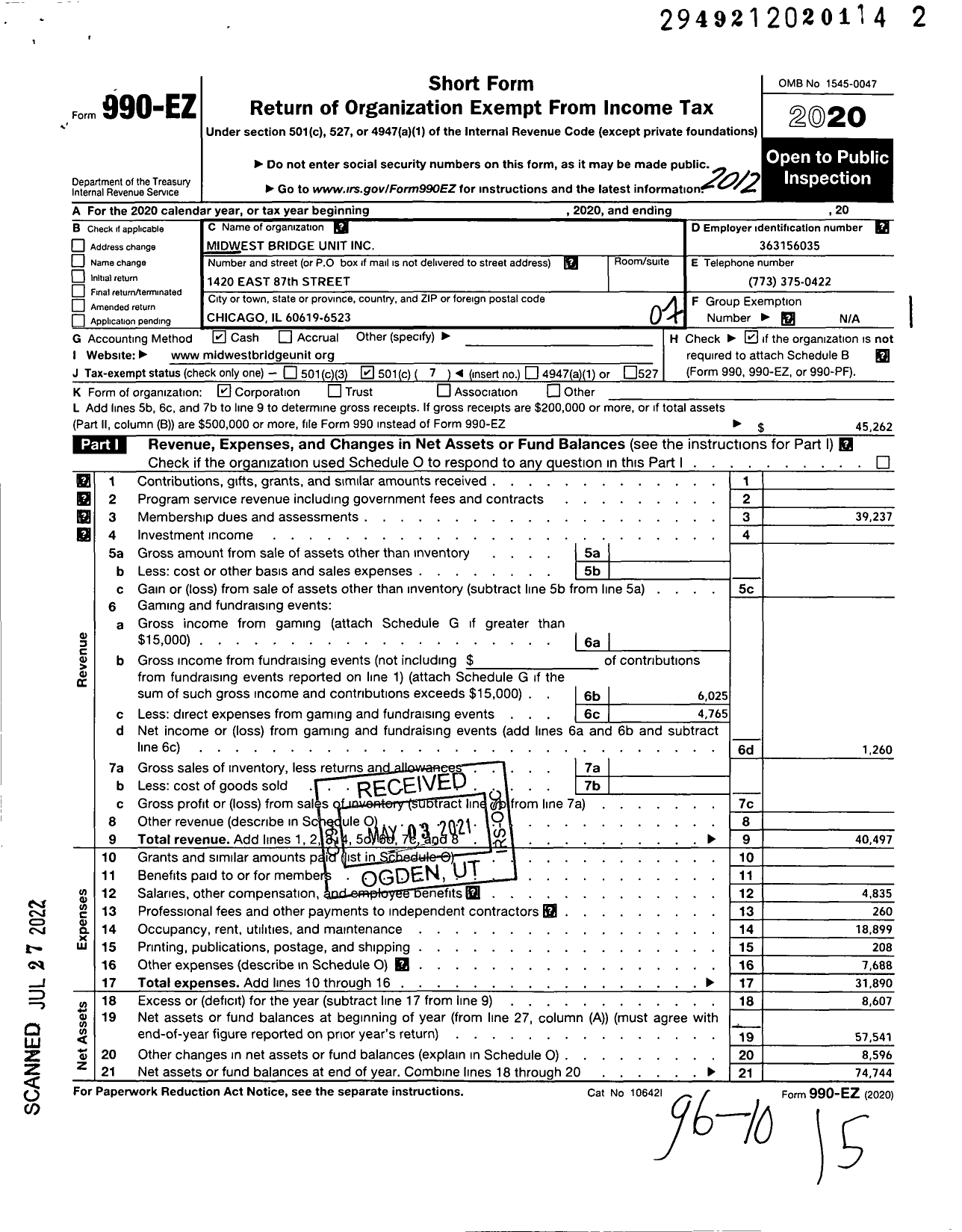 Image of first page of 2020 Form 990EO for Midwest Bridge Unit