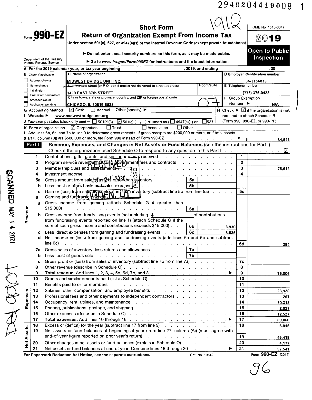 Image of first page of 2019 Form 990EO for Midwest Bridge Unit