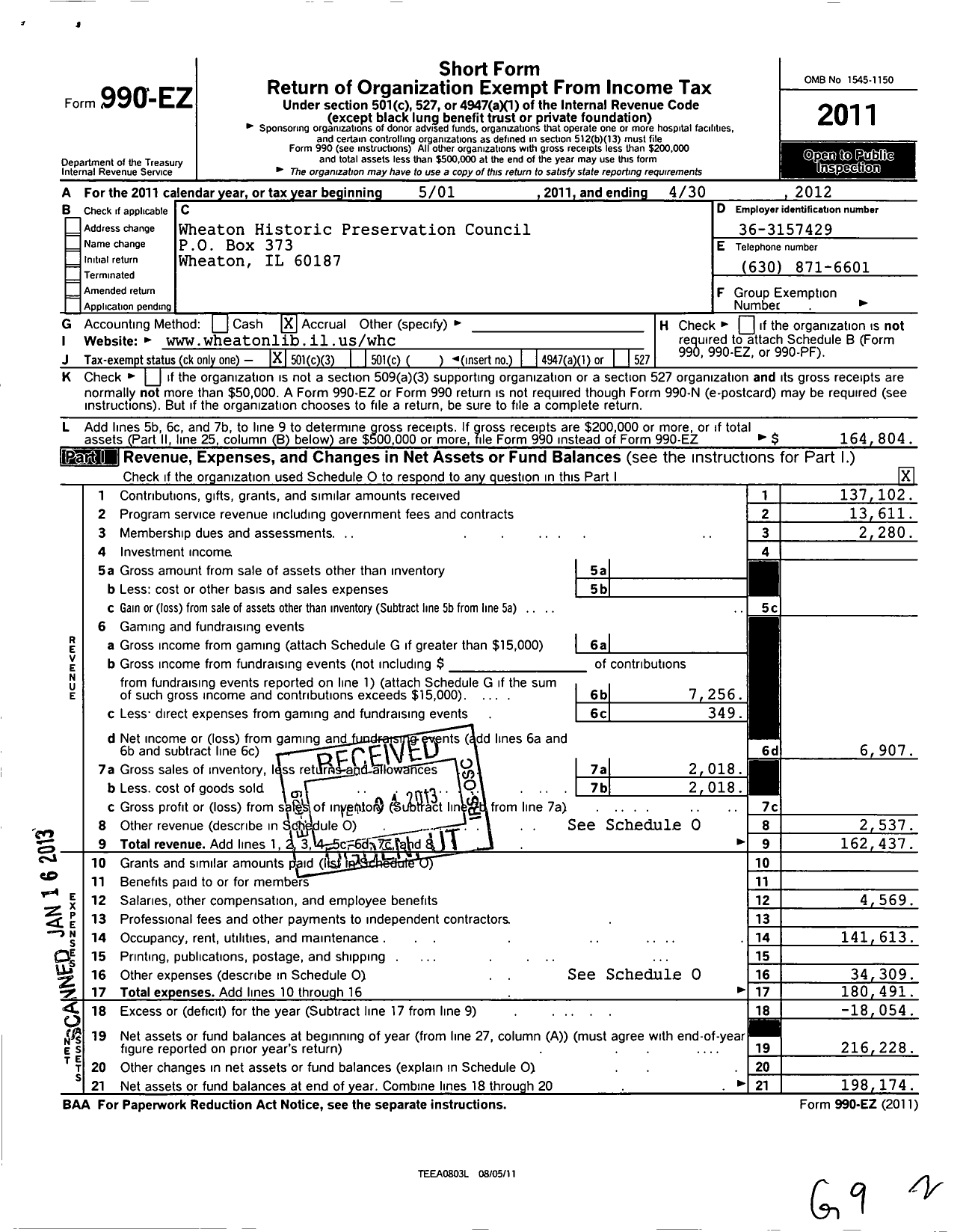 Image of first page of 2011 Form 990EZ for Wheaton Historic Preservation Council