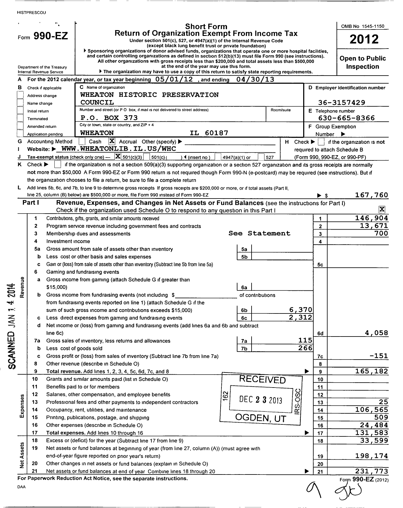 Image of first page of 2012 Form 990EZ for Wheaton Historic Preservation Council