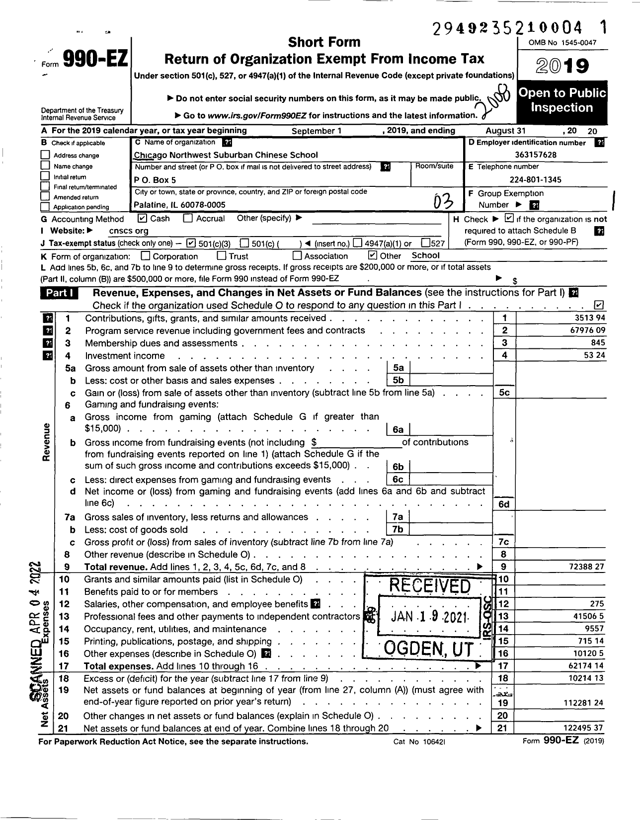 Image of first page of 2019 Form 990EZ for Chicago Northwest Suburban Chinese School