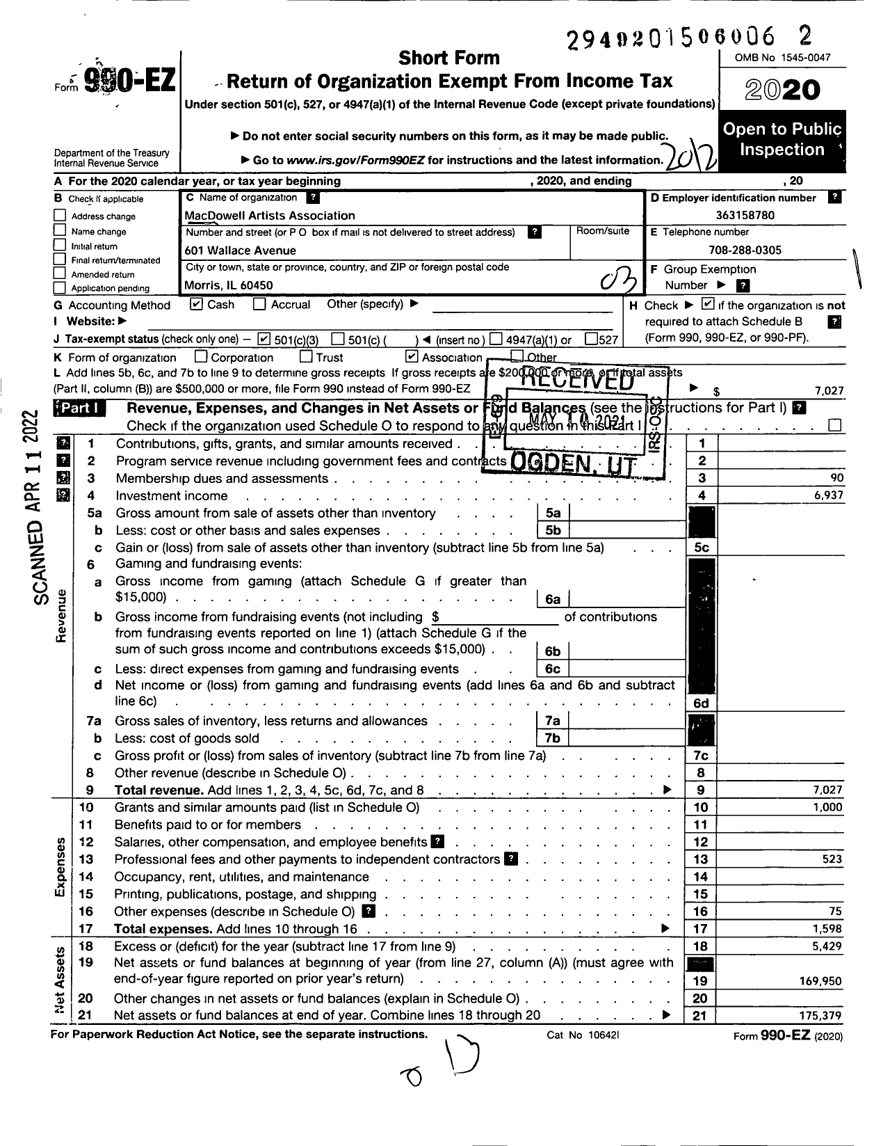 Image of first page of 2020 Form 990EZ for Macdowell Artists Association