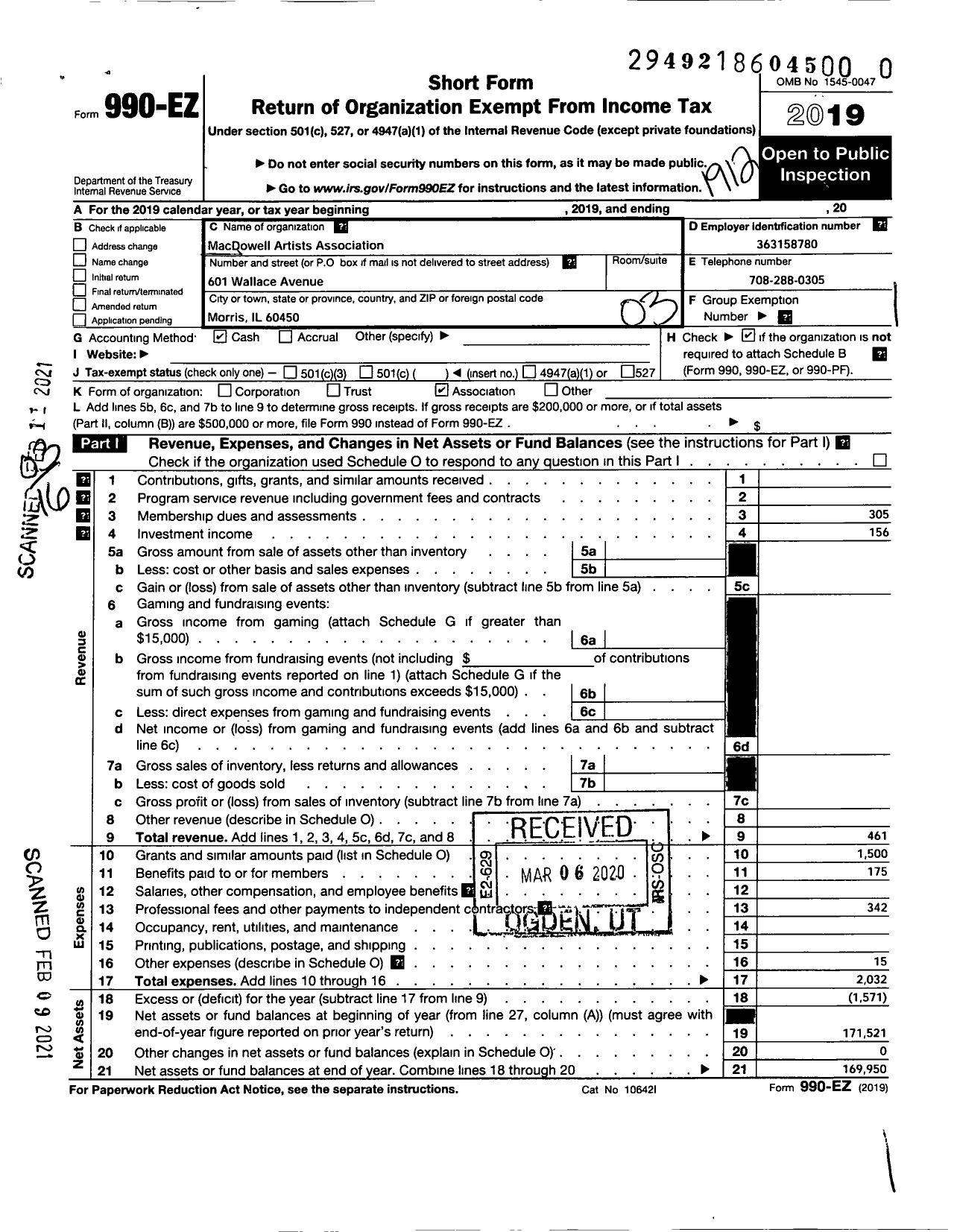 Image of first page of 2019 Form 990EZ for Macdowell Artists Association