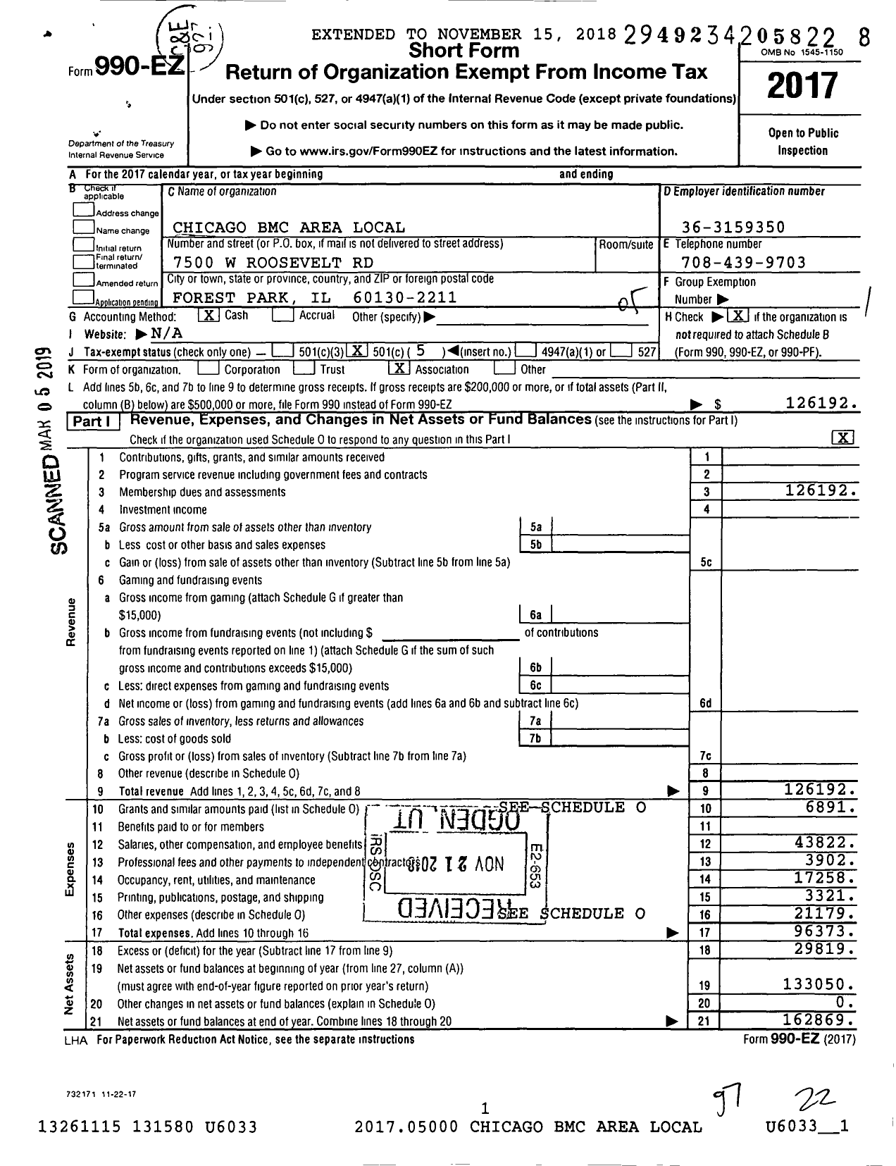 Image of first page of 2017 Form 990EO for American Postal Workers Union - 7033 Chicago BMC Area Local