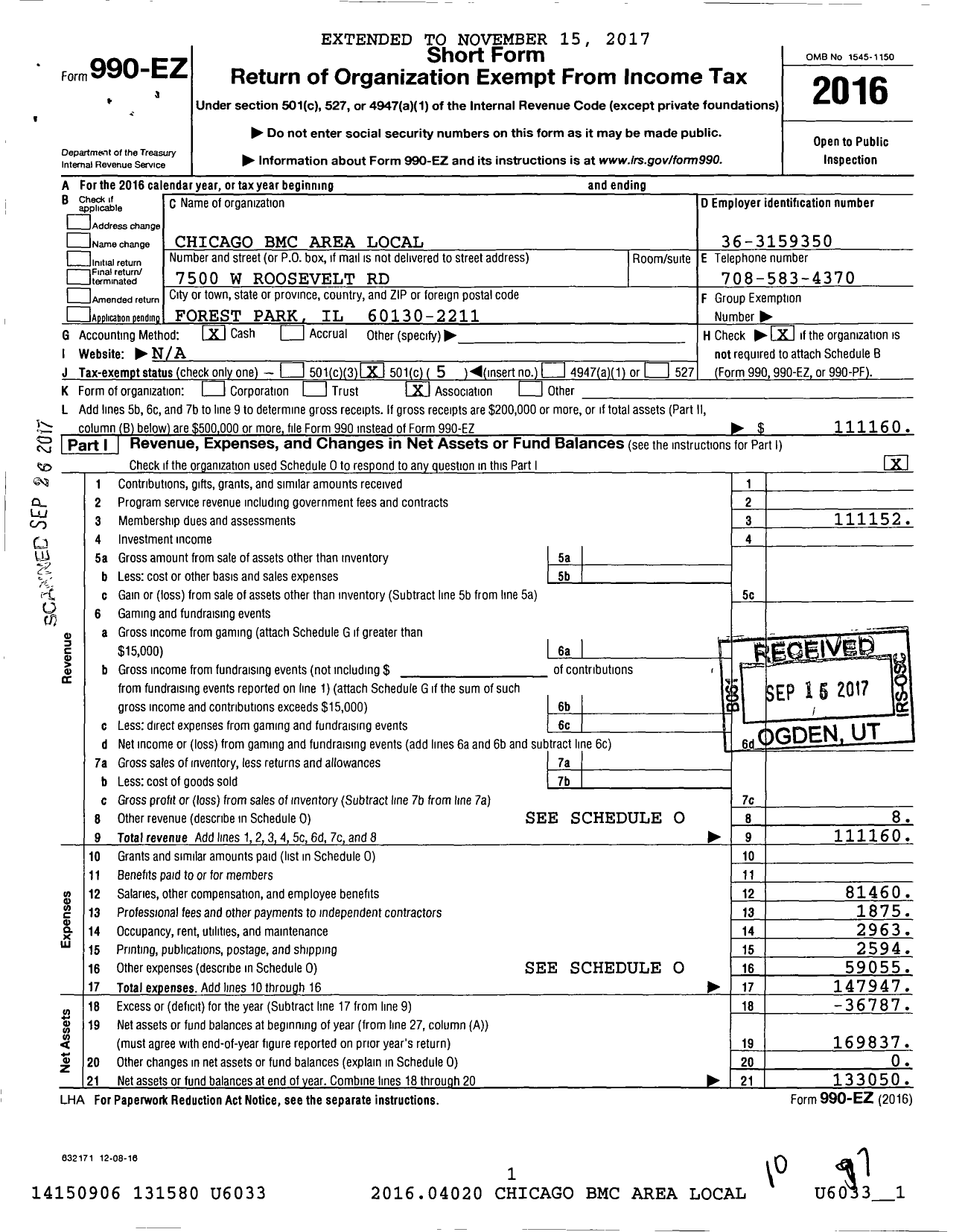 Image of first page of 2016 Form 990EO for American Postal Workers Union - 7033 Chicago BMC Area Local
