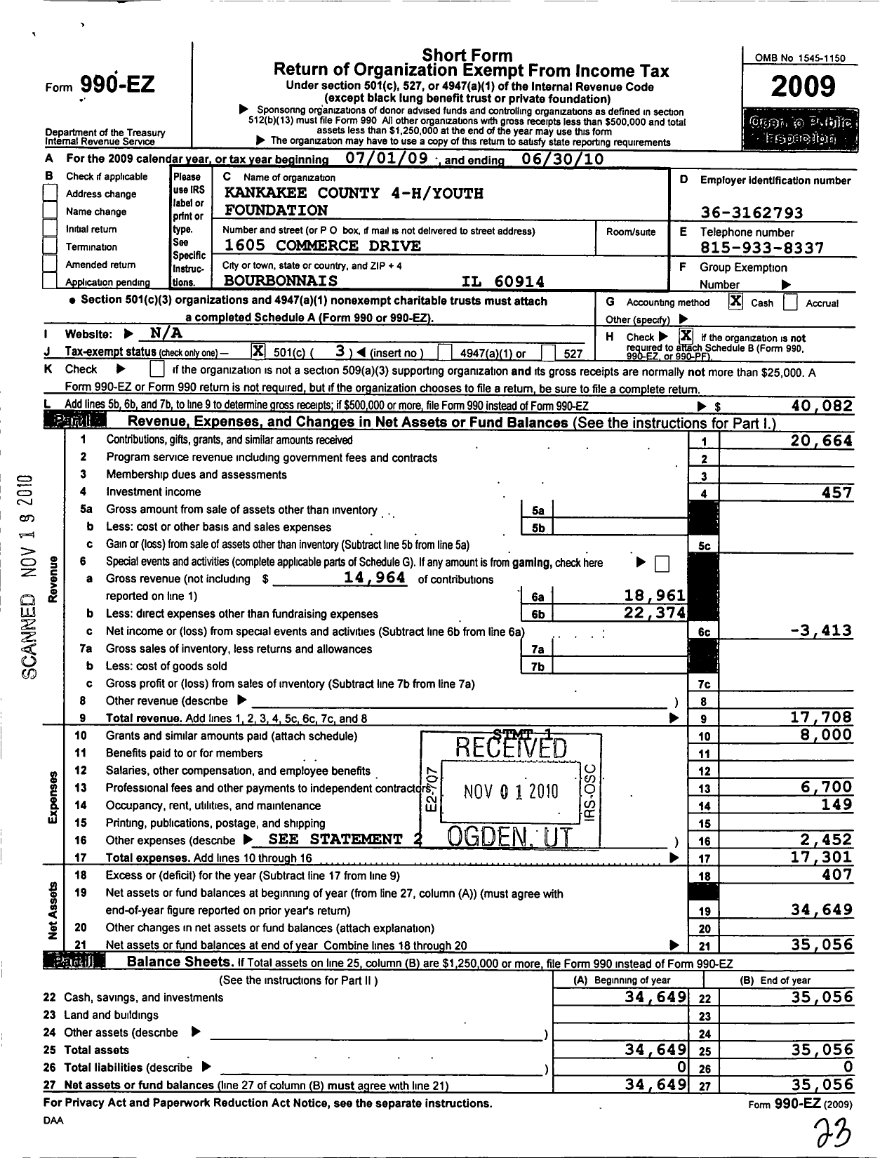 Image of first page of 2009 Form 990EZ for Kankakee County 4-hyouth Foundation