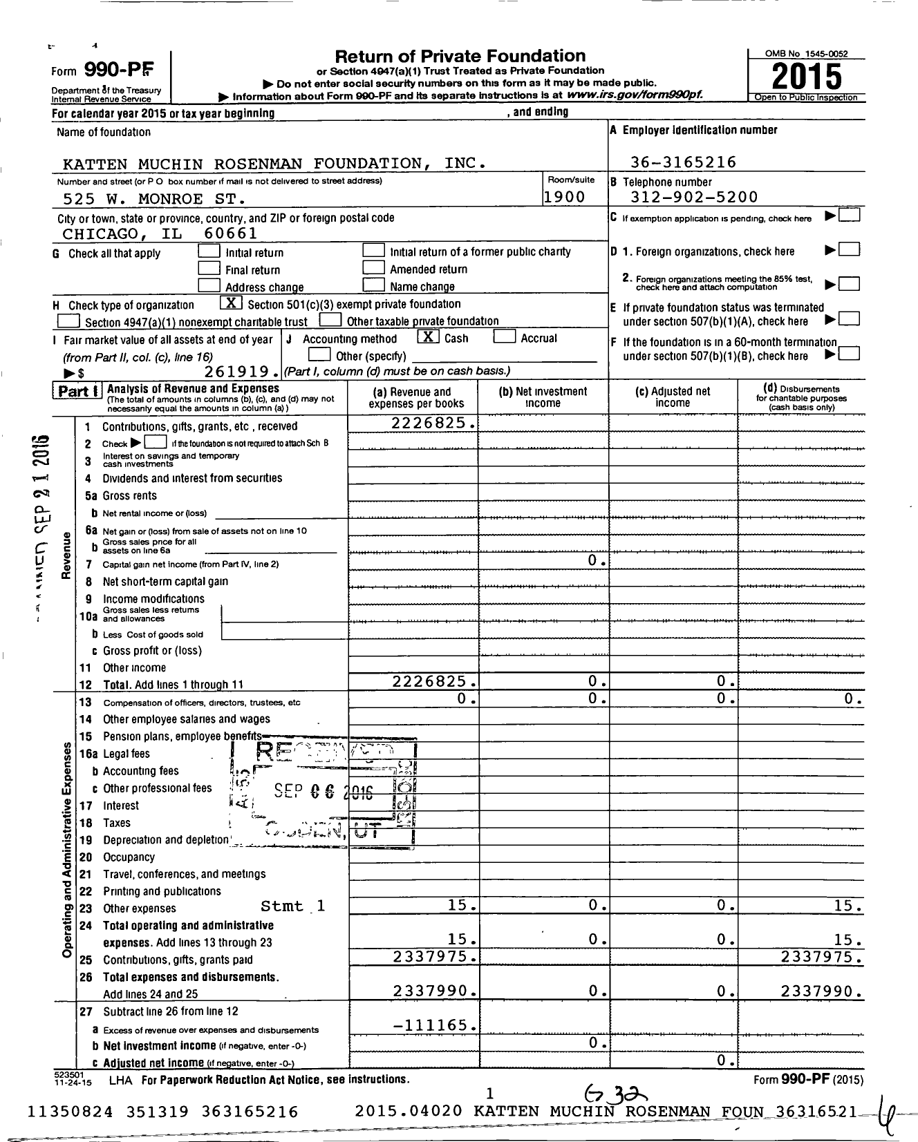 Image of first page of 2015 Form 990PF for Katten Muchin Rosenman Foundation